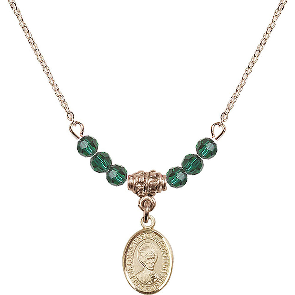 14kt Gold Filled Saint Louis Marie de Montfort Birthstone Necklace with Emerald Beads - 9330