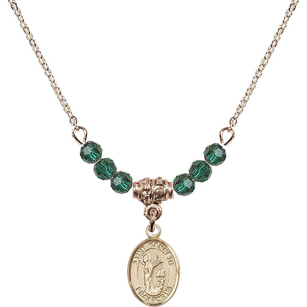 14kt Gold Filled Saint Kenneth Birthstone Necklace with Emerald Beads - 9332
