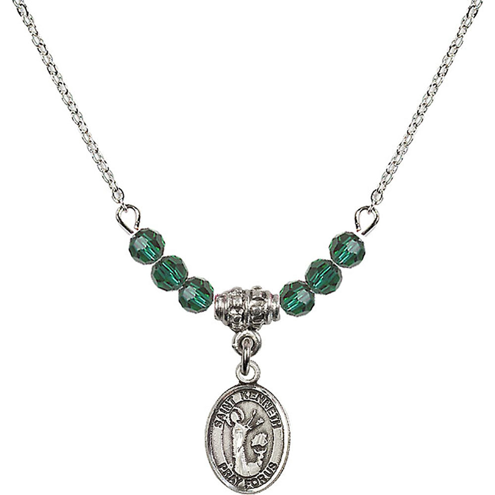 Sterling Silver Saint Kenneth Birthstone Necklace with Emerald Beads - 9332