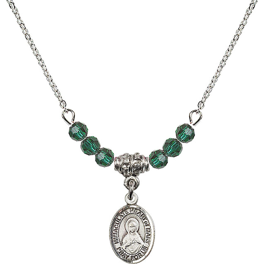 Sterling Silver Immaculate Heart of Mary Birthstone Necklace with Emerald Beads - 9337