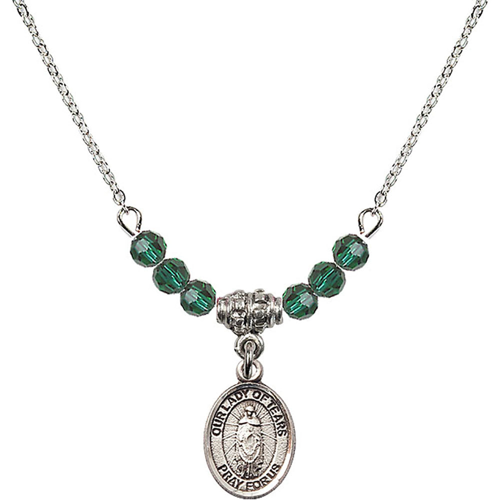 Sterling Silver Our Lady of Tears Birthstone Necklace with Emerald Beads - 9346