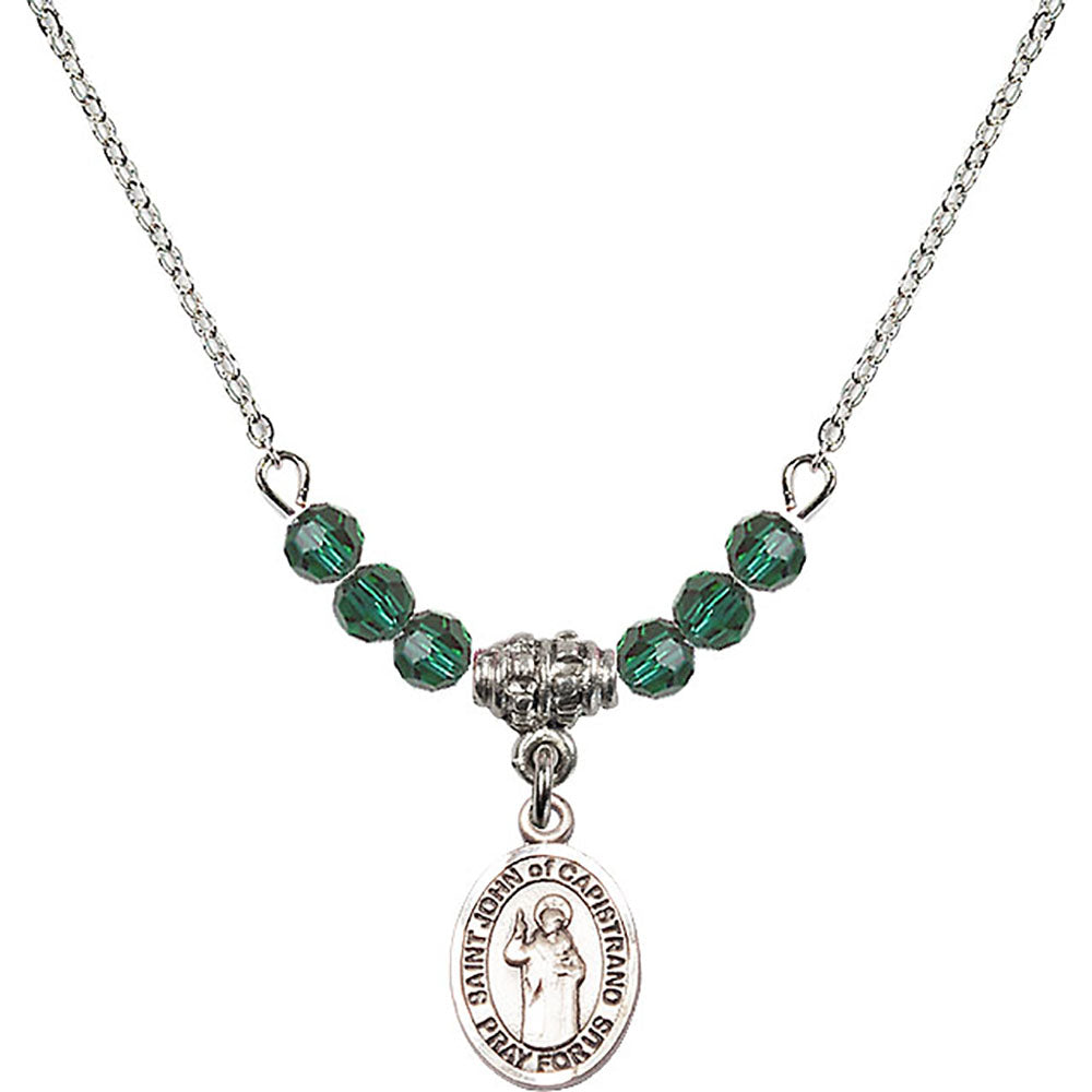 Sterling Silver Saint John of Capistrano Birthstone Necklace with Emerald Beads - 9350