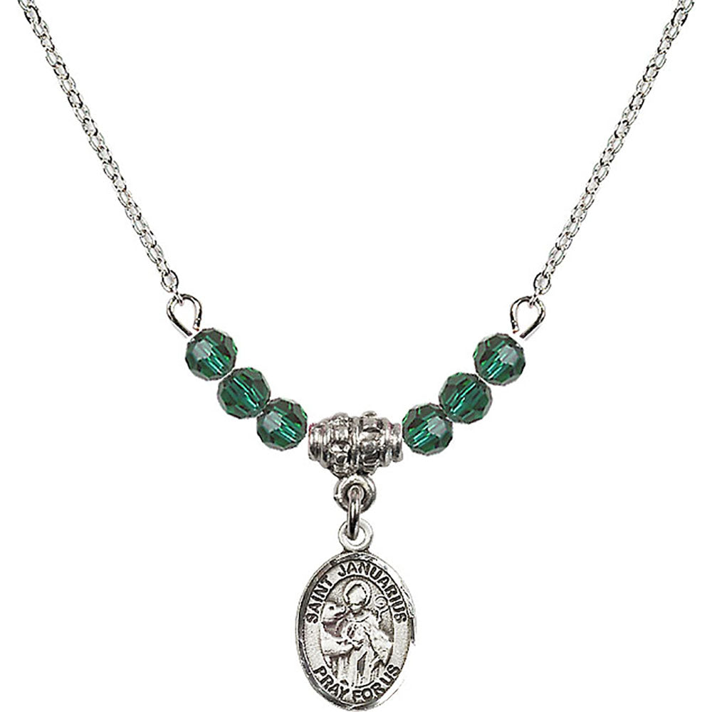 Sterling Silver Saint Januarius Birthstone Necklace with Emerald Beads - 9351