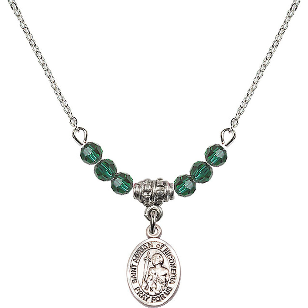 Sterling Silver Saint Adrian of Nicomedia Birthstone Necklace with Emerald Beads - 9353