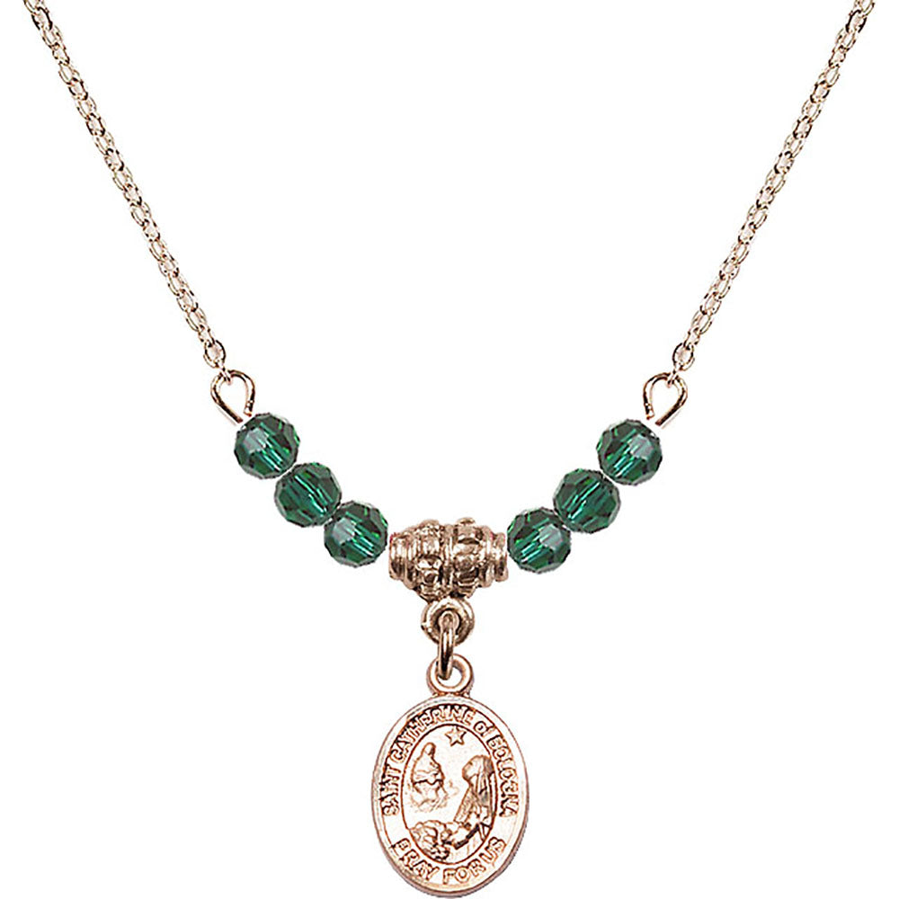 14kt Gold Filled Saint Catherine of Bologna Birthstone Necklace with Emerald Beads - 9354