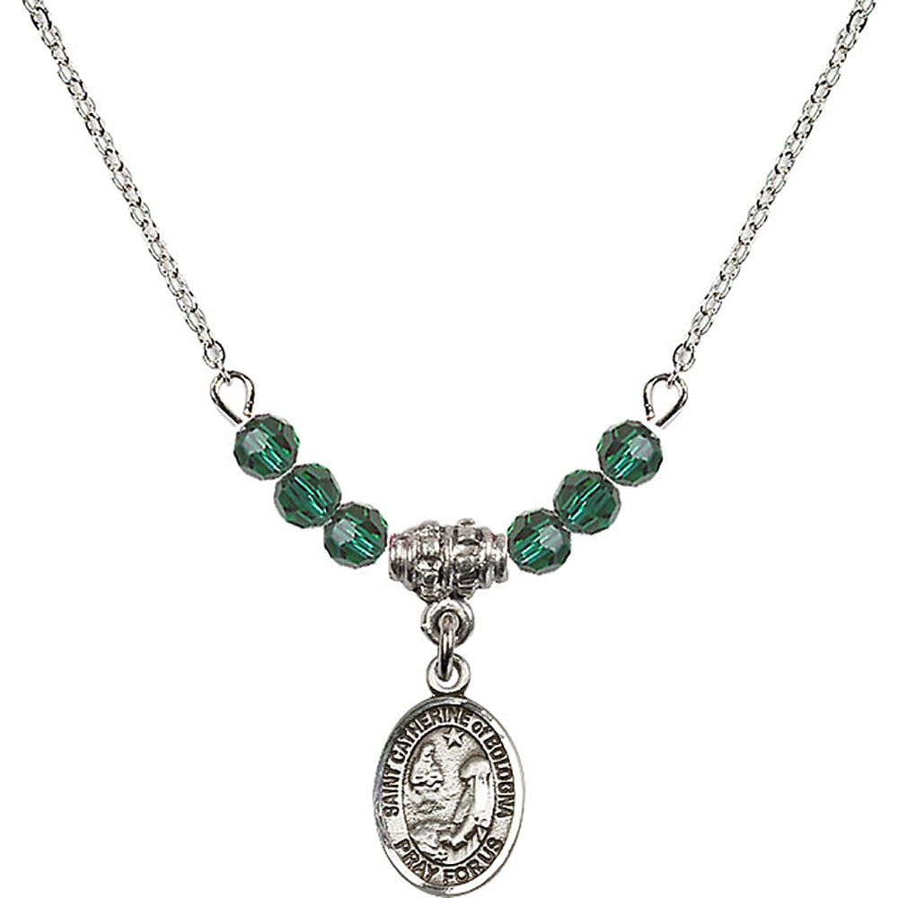 Sterling Silver Saint Catherine of Bologna Birthstone Necklace with Emerald Beads - 9354
