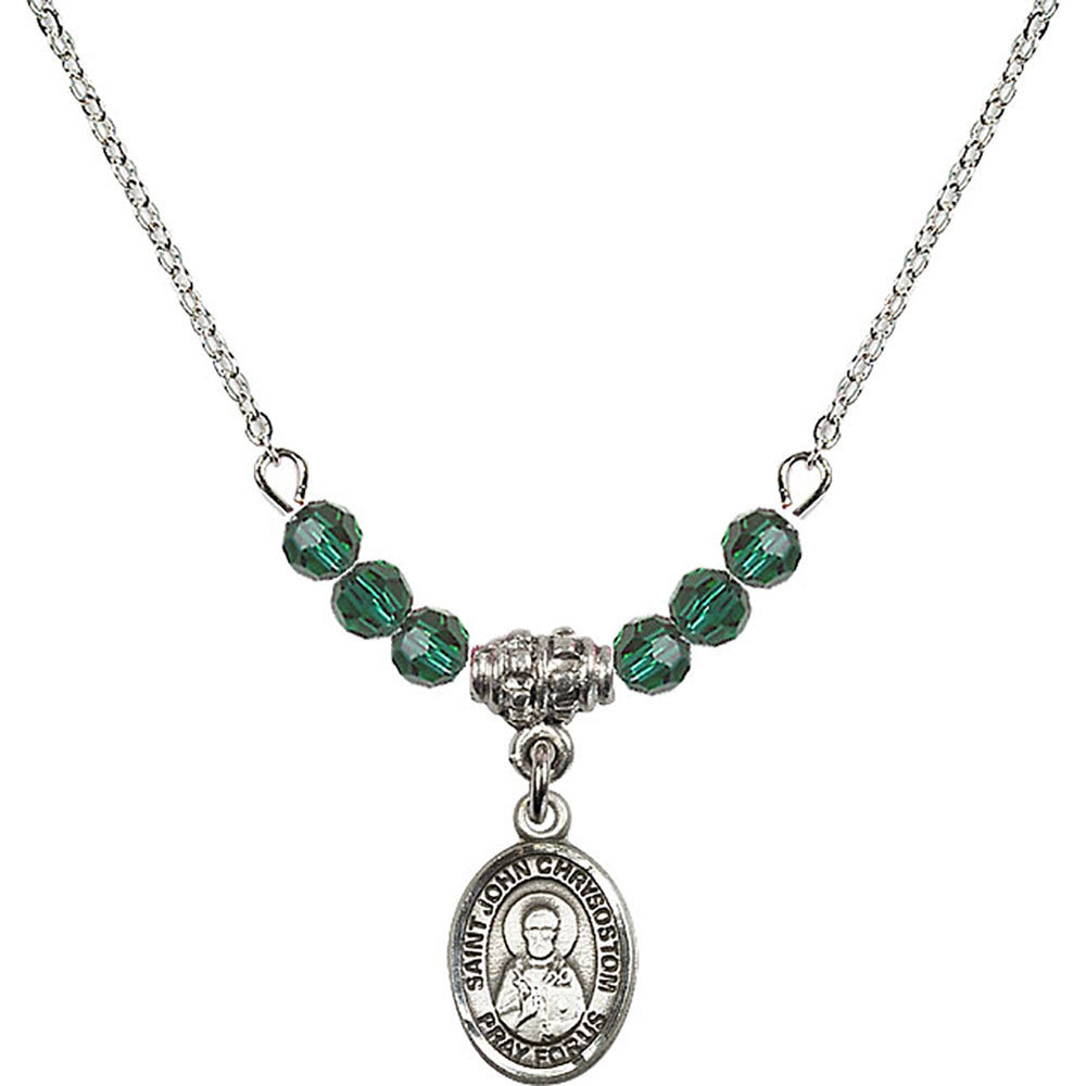 Sterling Silver Saint John Chrysostom Birthstone Necklace with Emerald Beads - 9357