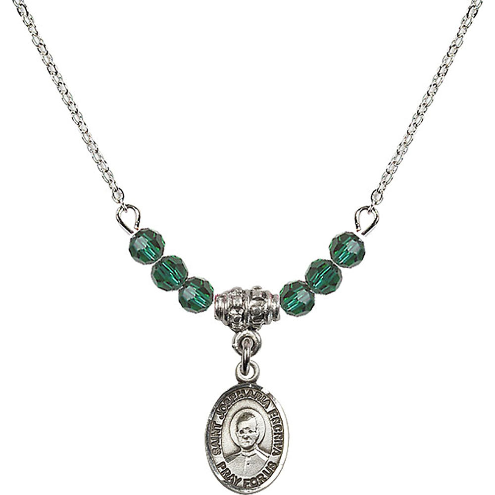 Sterling Silver Saint Josemaria Escriva Birthstone Necklace with Emerald Beads - 9362