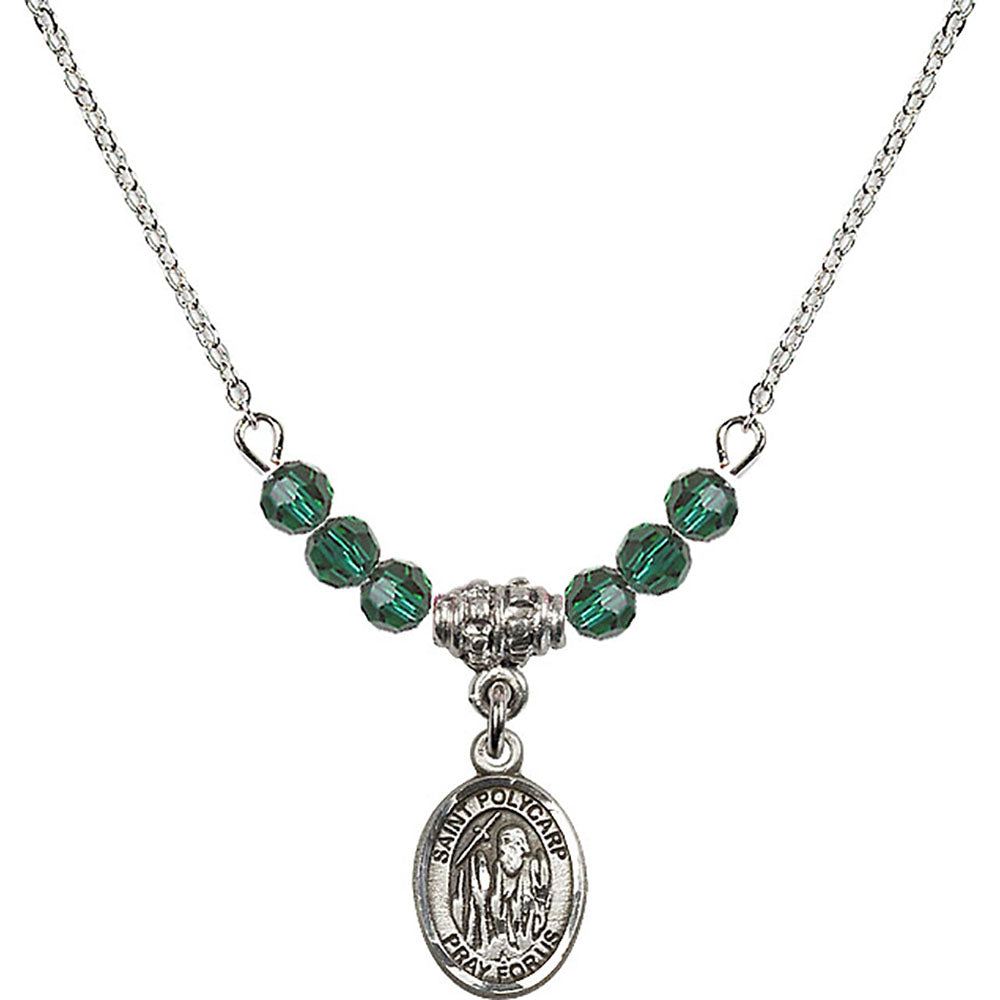 Sterling Silver Saint Polycarp of Smyrna Birthstone Necklace with Emerald Beads - 9363