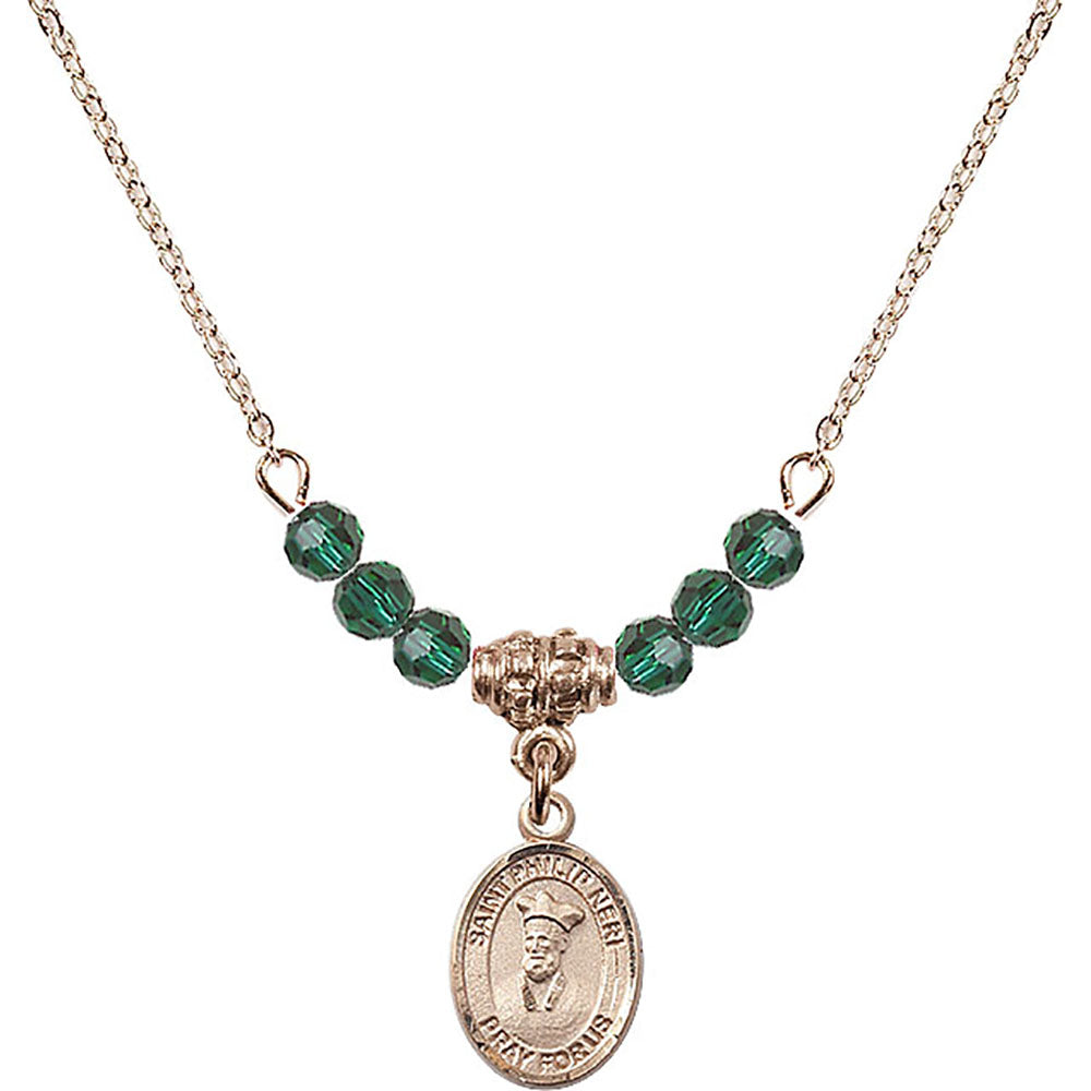14kt Gold Filled Saint Philip Neri Birthstone Necklace with Emerald Beads - 9369