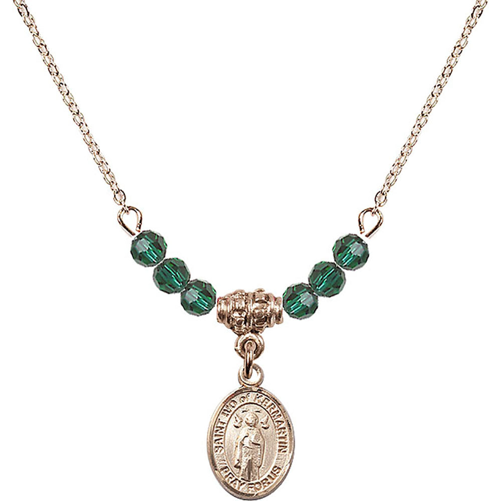14kt Gold Filled Saint Ivo of Kelmartin Birthstone Necklace with Emerald Beads - 9384