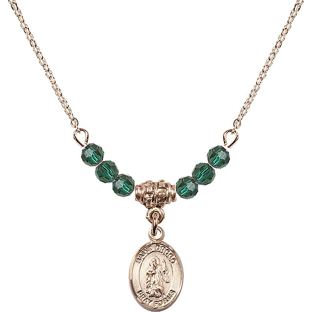 14kt Gold Filled Saint Drogo Birthstone Necklace with Emerald Beads - 9386