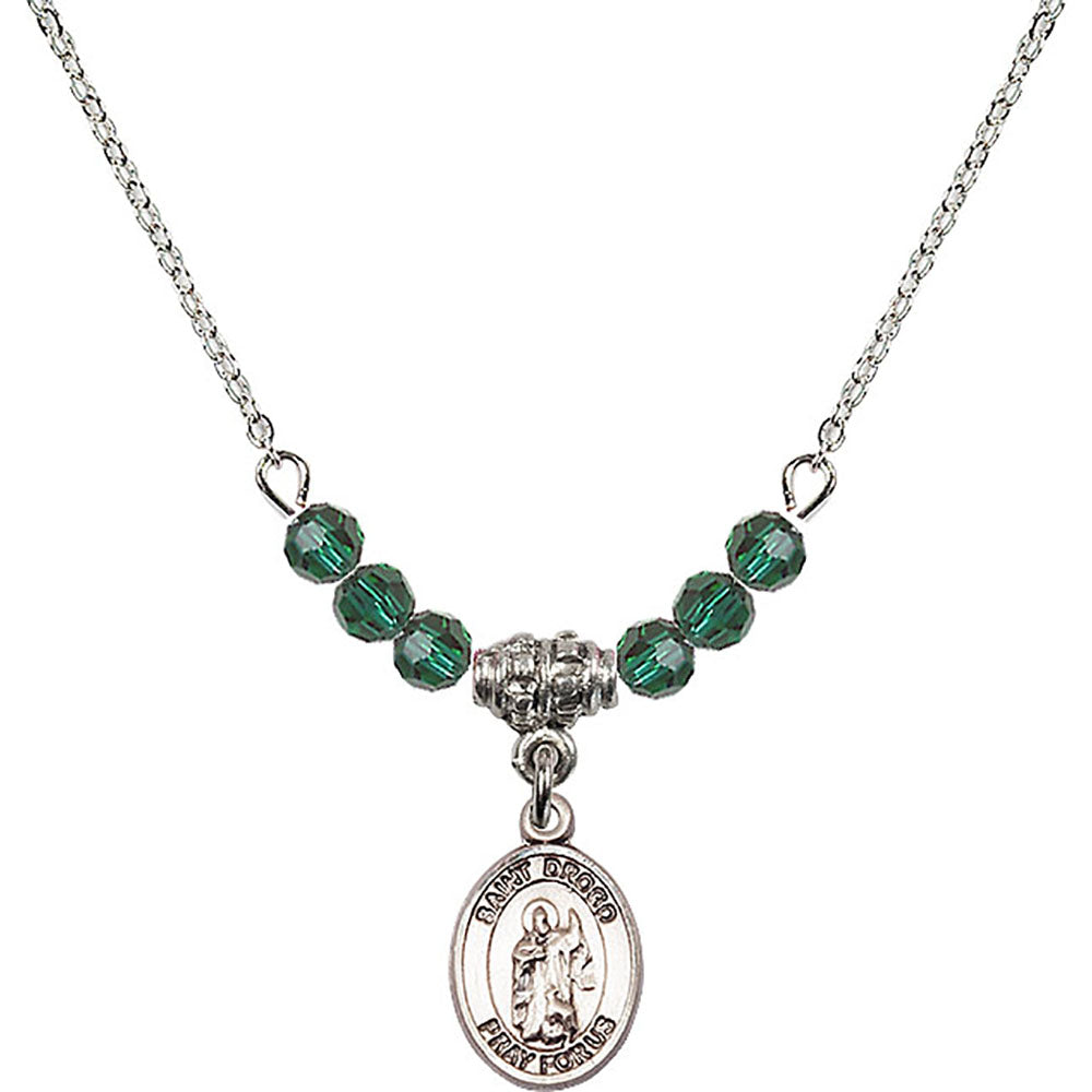 Sterling Silver Saint Drogo Birthstone Necklace with Emerald Beads - 9386