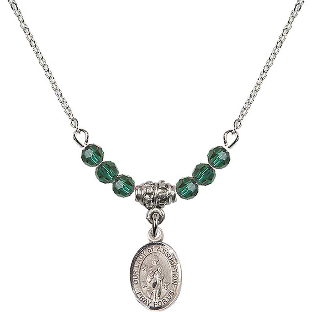 Sterling Silver Our Lady of Assumption Birthstone Necklace with Emerald Beads - 9388