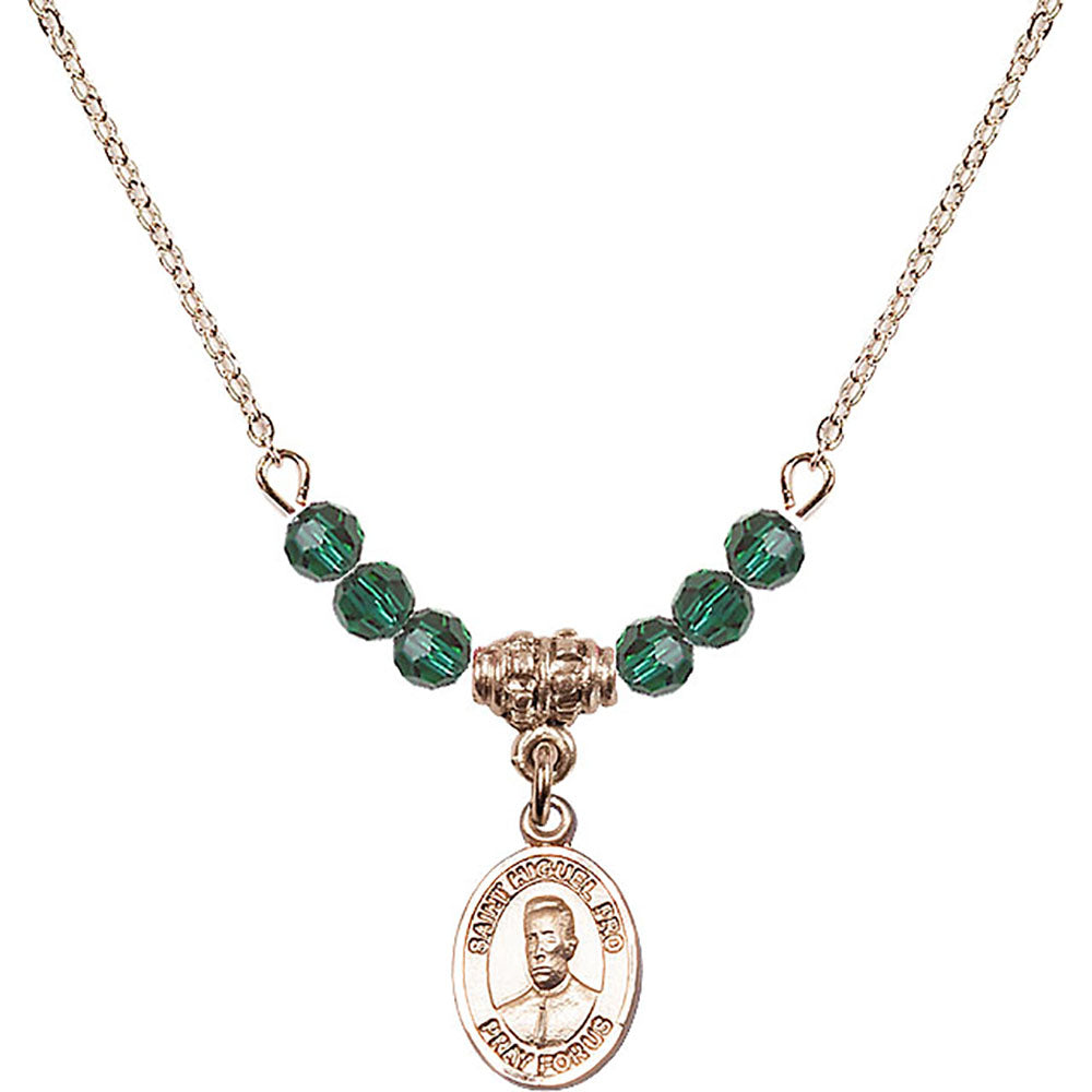14kt Gold Filled Blessed Miguel Pro Birthstone Necklace with Emerald Beads - 9389