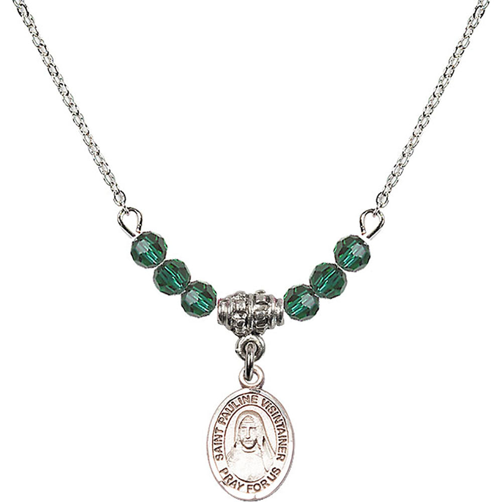 Sterling Silver Saint Pauline Visintainer Birthstone Necklace with Emerald Beads - 9391