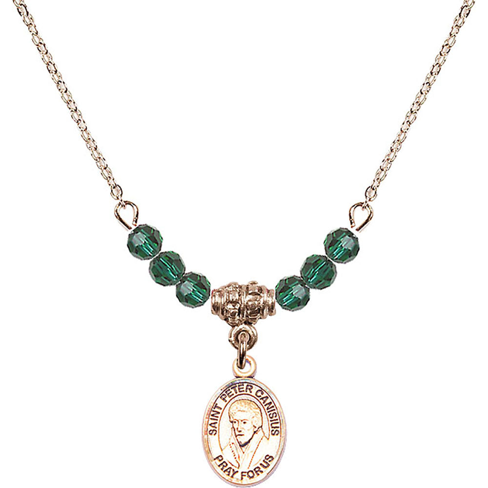 14kt Gold Filled Saint Peter Canisius Birthstone Necklace with Emerald Beads - 9393