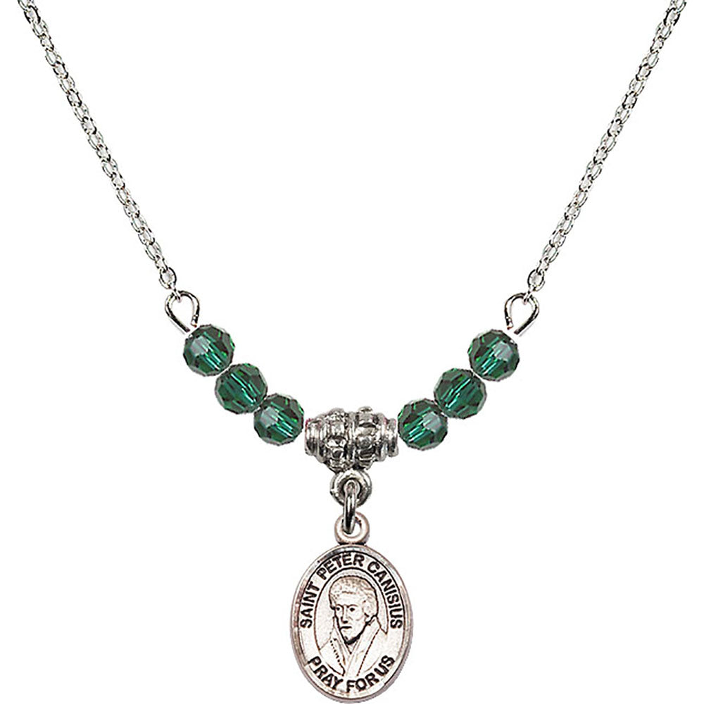 Sterling Silver Saint Peter Canisius Birthstone Necklace with Emerald Beads - 9393