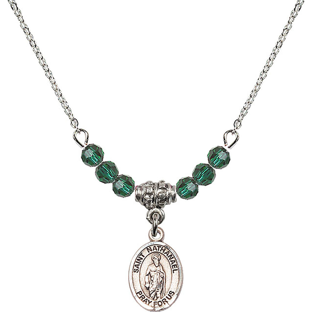 Sterling Silver Saint Nathanael Birthstone Necklace with Emerald Beads - 9398