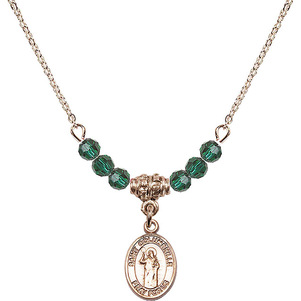 14kt Gold Filled Saint Columbkille Birthstone Necklace with Emerald Beads - 9399