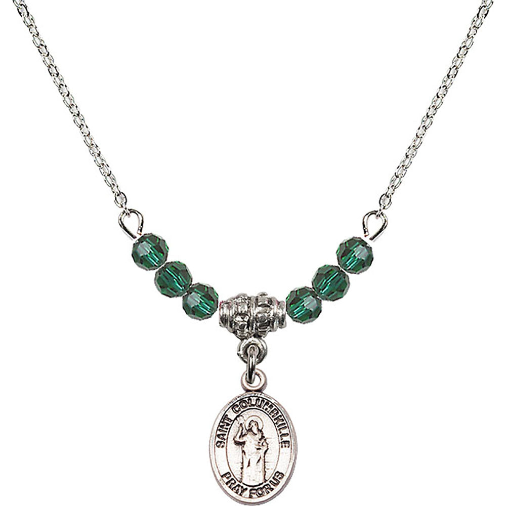 Sterling Silver Saint Columbkille Birthstone Necklace with Emerald Beads - 9399