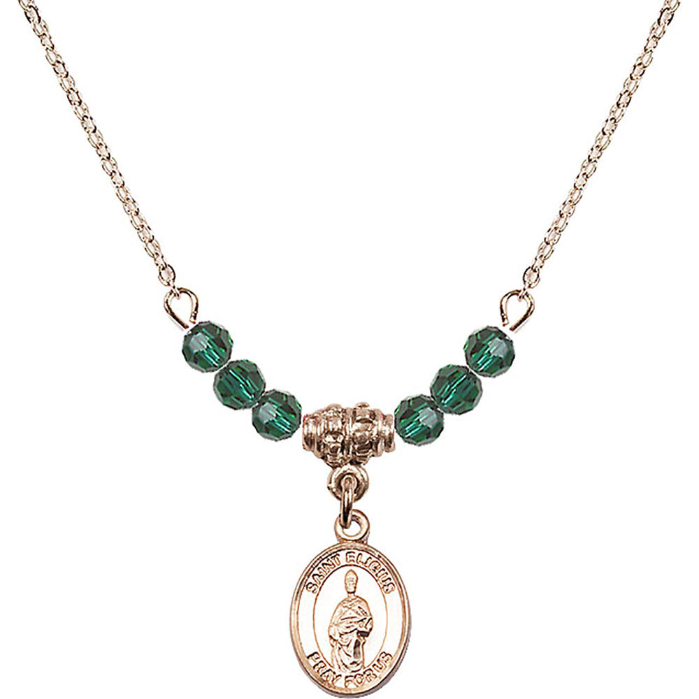 14kt Gold Filled Saint Eligius Birthstone Necklace with Emerald Beads - 9402