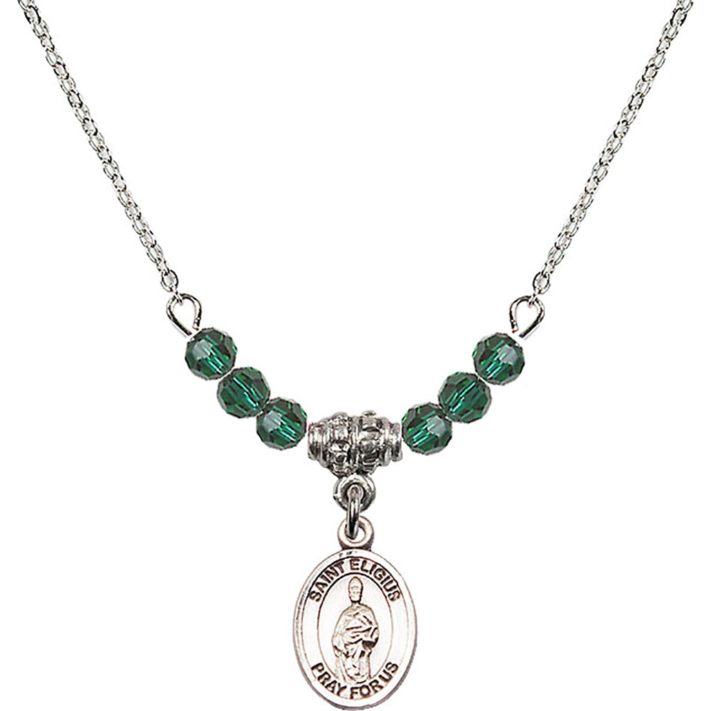 Sterling Silver Saint Eligius Birthstone Necklace with Emerald Beads - 9402