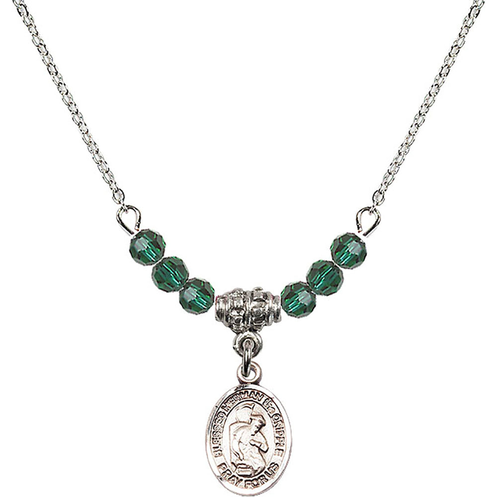 Sterling Silver Blessed Herman the Cripple Birthstone Necklace with Emerald Beads - 9403