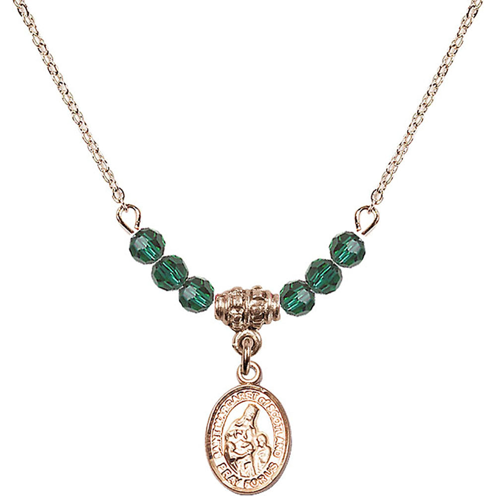 14kt Gold Filled Saint Margaret of Scotland Birthstone Necklace with Emerald Beads - 9407