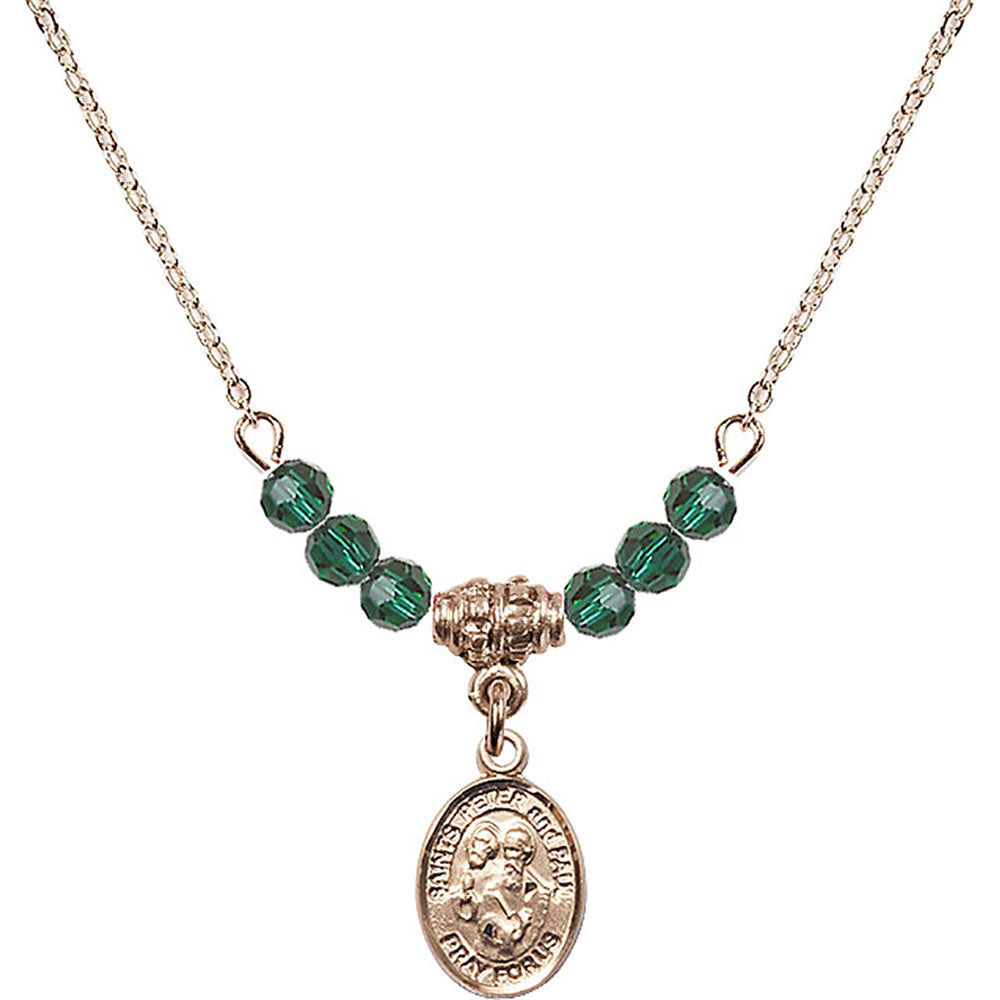 14kt Gold Filled Saints Peter & Paul Birthstone Necklace with Emerald Beads - 9410