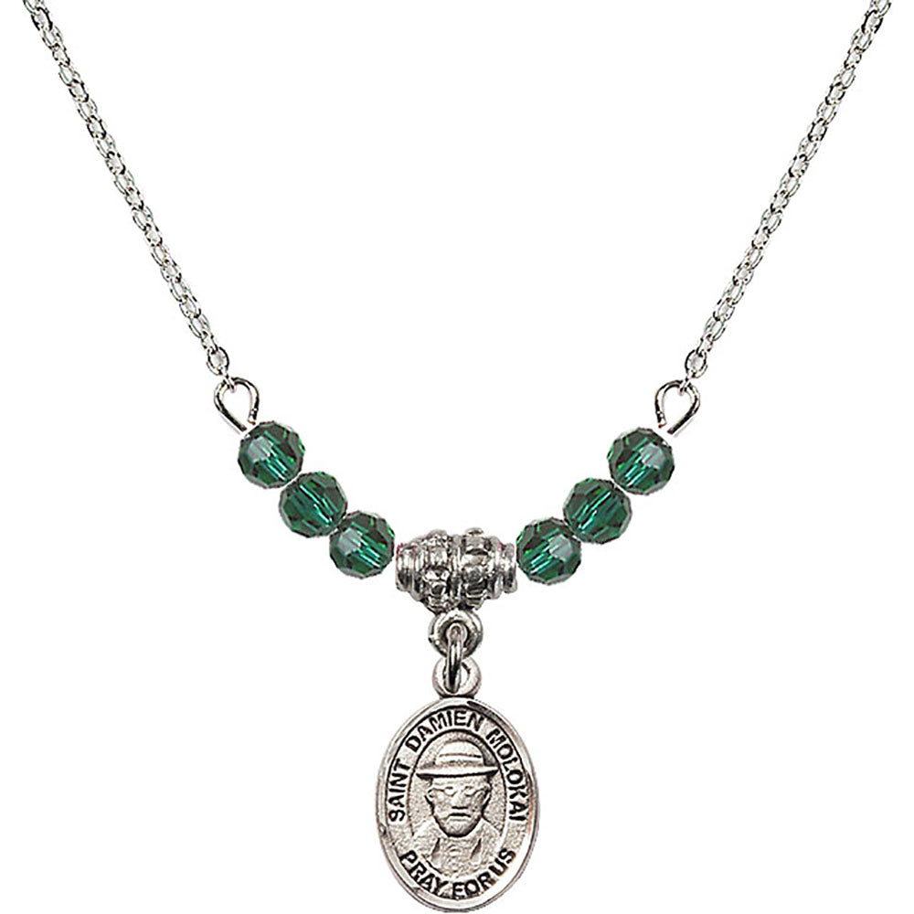 Sterling Silver Saint Damien of Molokai Birthstone Necklace with Emerald Beads - 9412