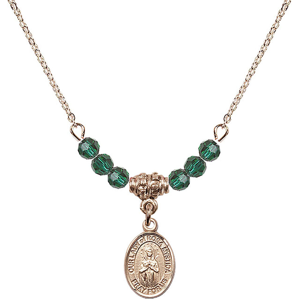 14kt Gold Filled Our Lady of Rosa Mystica Birthstone Necklace with Emerald Beads - 9413