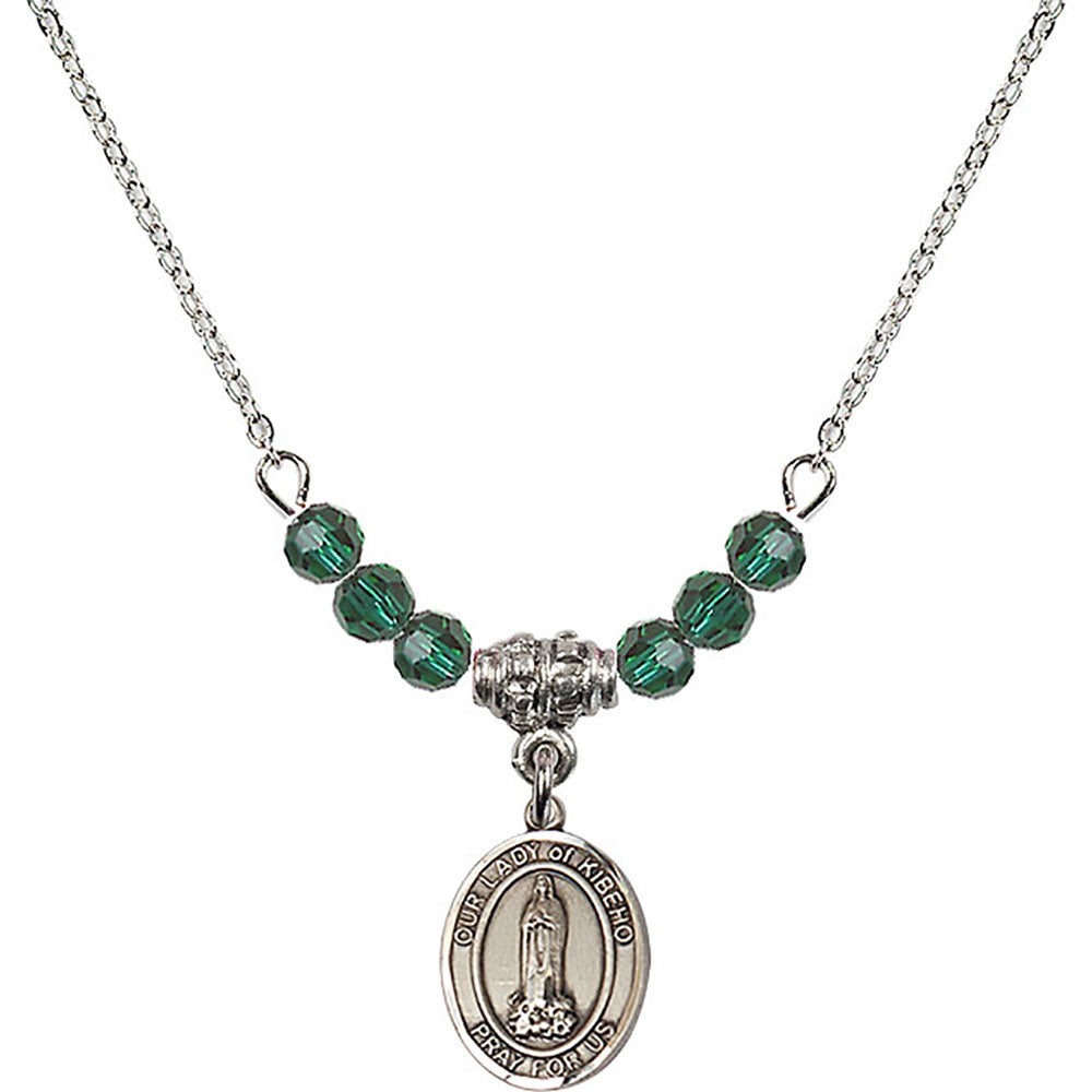 Sterling Silver Our Lady of Kibeho Birthstone Necklace with Emerald Beads - 9414