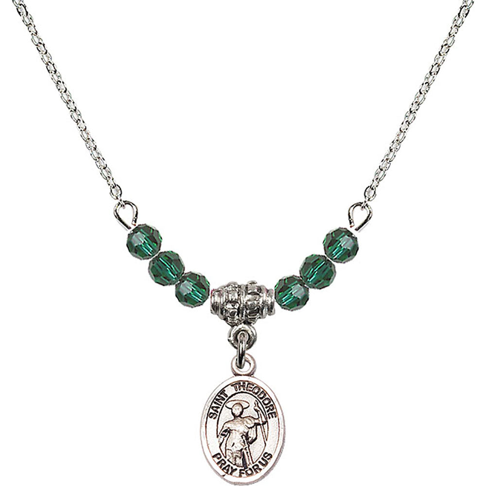 Sterling Silver Saint Theodore Stratelates Birthstone Necklace with Emerald Beads - 9415
