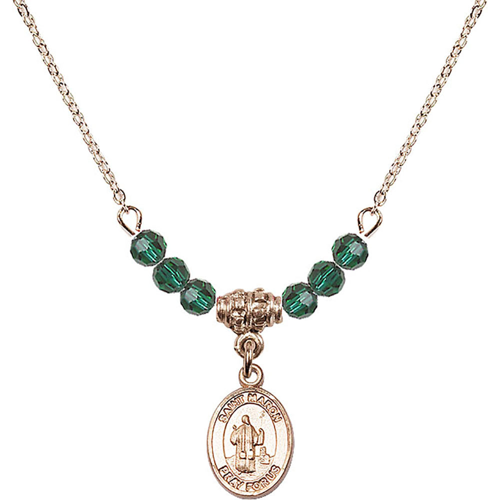 14kt Gold Filled Saint Maron Birthstone Necklace with Emerald Beads - 9417