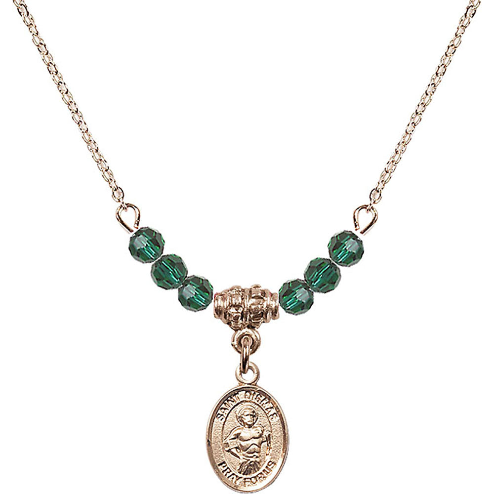 14kt Gold Filled Saint Dismas Birthstone Necklace with Emerald Beads - 9418