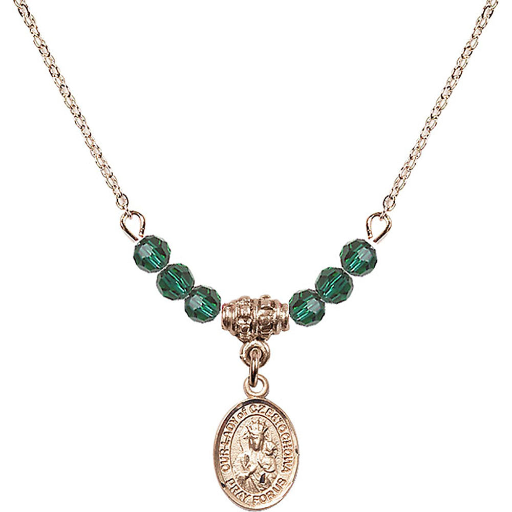 14kt Gold Filled Our Lady of Czestochowa Birthstone Necklace with Emerald Beads - 9421