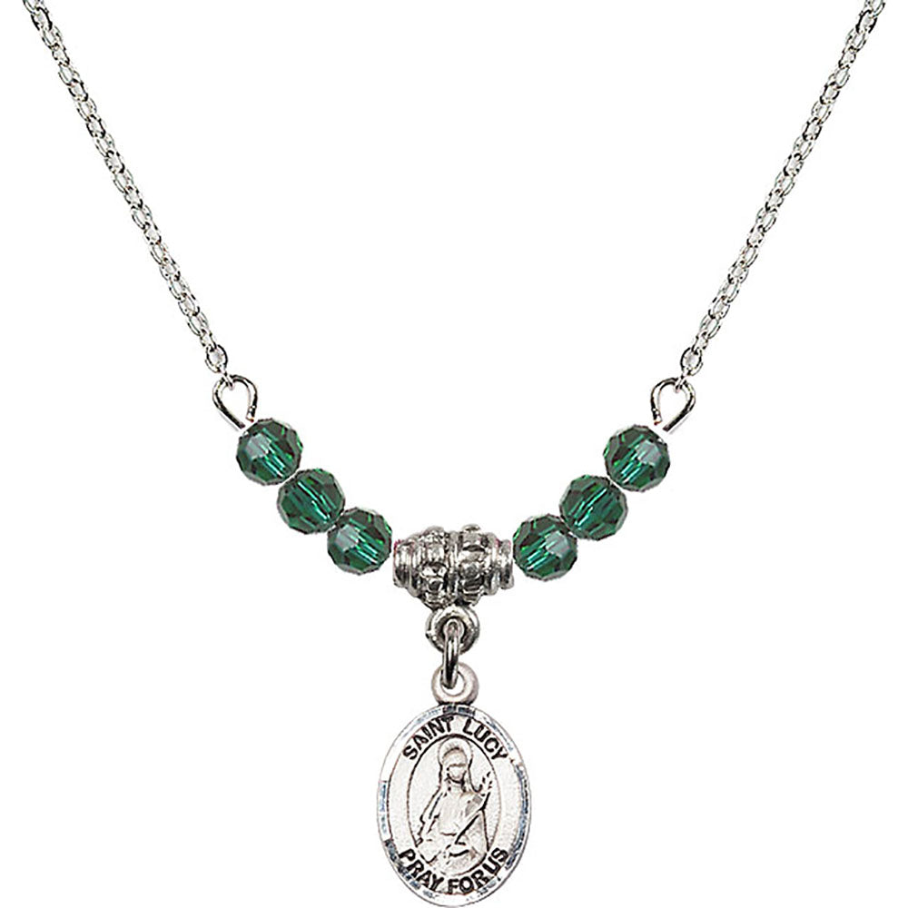 Sterling Silver Saint Lucy Birthstone Necklace with Emerald Beads - 9422