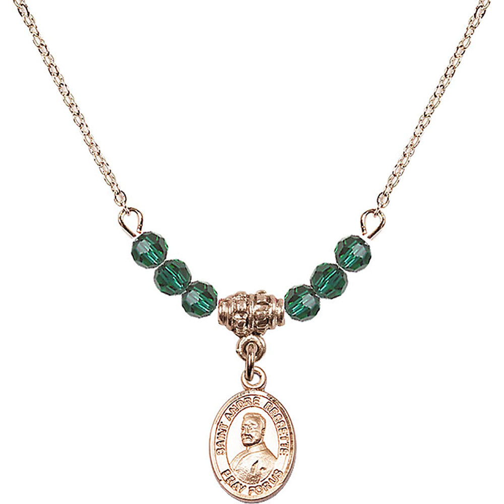 14kt Gold Filled Saint Andre Bessette Birthstone Necklace with Emerald Beads - 9424