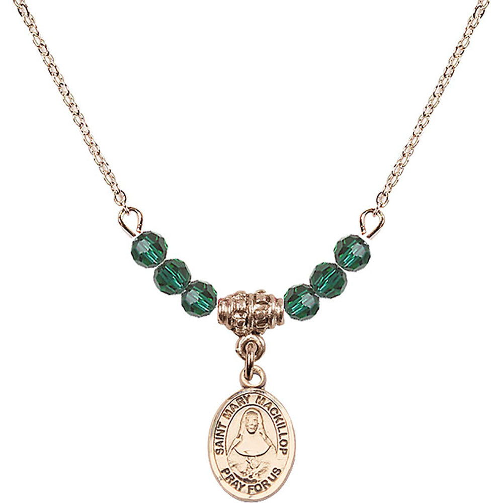 14kt Gold Filled Saint Mary Mackillop Birthstone Necklace with Emerald Beads - 9425