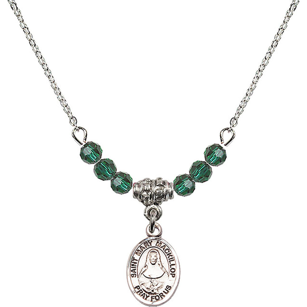 Sterling Silver Saint Mary Mackillop Birthstone Necklace with Emerald Beads - 9425