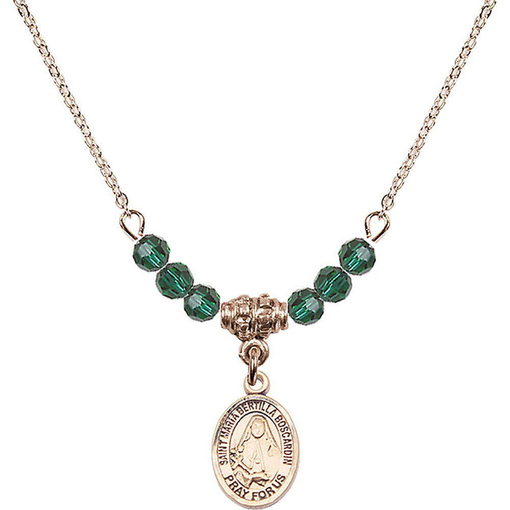 14kt Gold Filled Saint Maria Bertilla Boscardin Birthstone Necklace with Emerald Beads - 9428