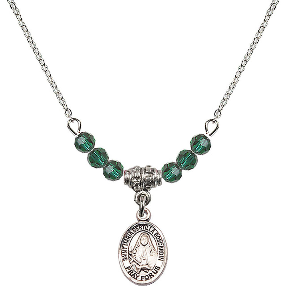 Sterling Silver Saint Maria Bertilla Boscardin Birthstone Necklace with Emerald Beads - 9428