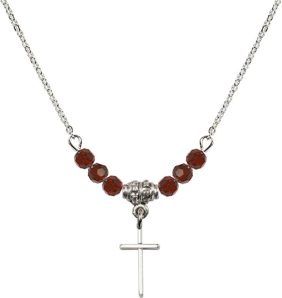 Sterling Silver Cross Birthstone Necklace with Garnet Beads - 0014