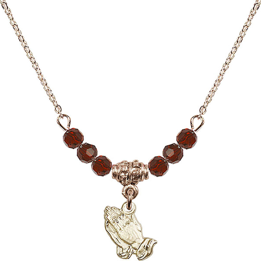 14kt Gold Filled Praying Hands Birthstone Necklace with Garnet Beads - 0220