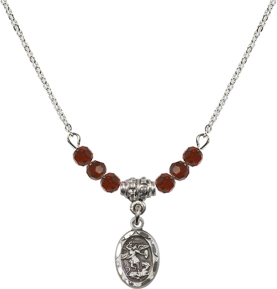 Sterling Silver Saint Michael the Archangel Birthstone Necklace with Garnet Beads - 0301