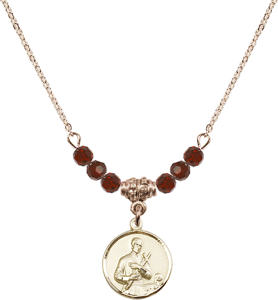 14kt Gold Filled Saint Gerard Birthstone Necklace with Garnet Beads - 0601