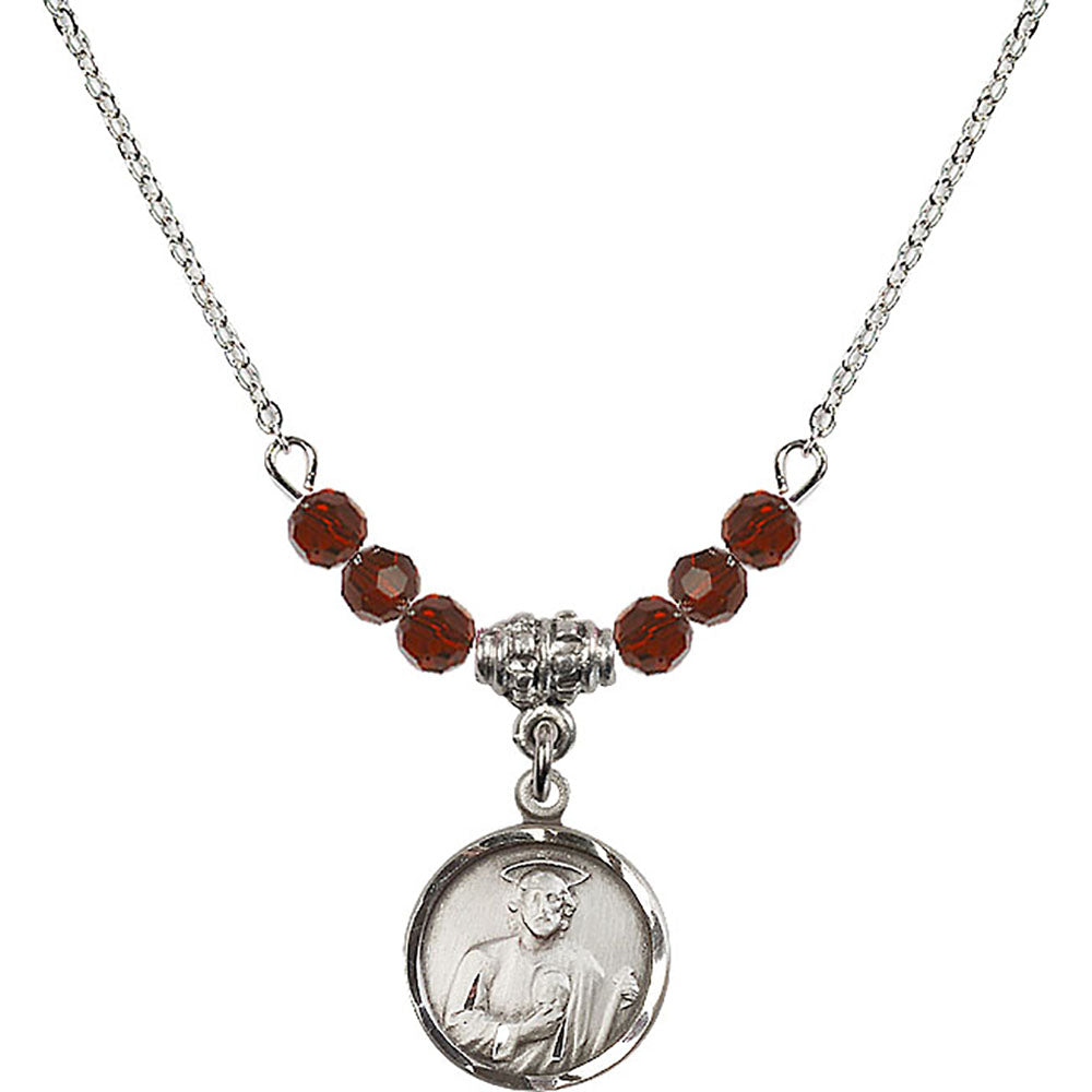 Sterling Silver Saint Jude Birthstone Necklace with Garnet Beads - 0601