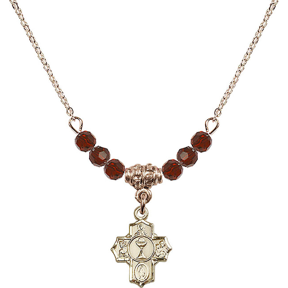 14kt Gold Filled Communion 5-Way Birthstone Necklace with Garnet Beads - 0890