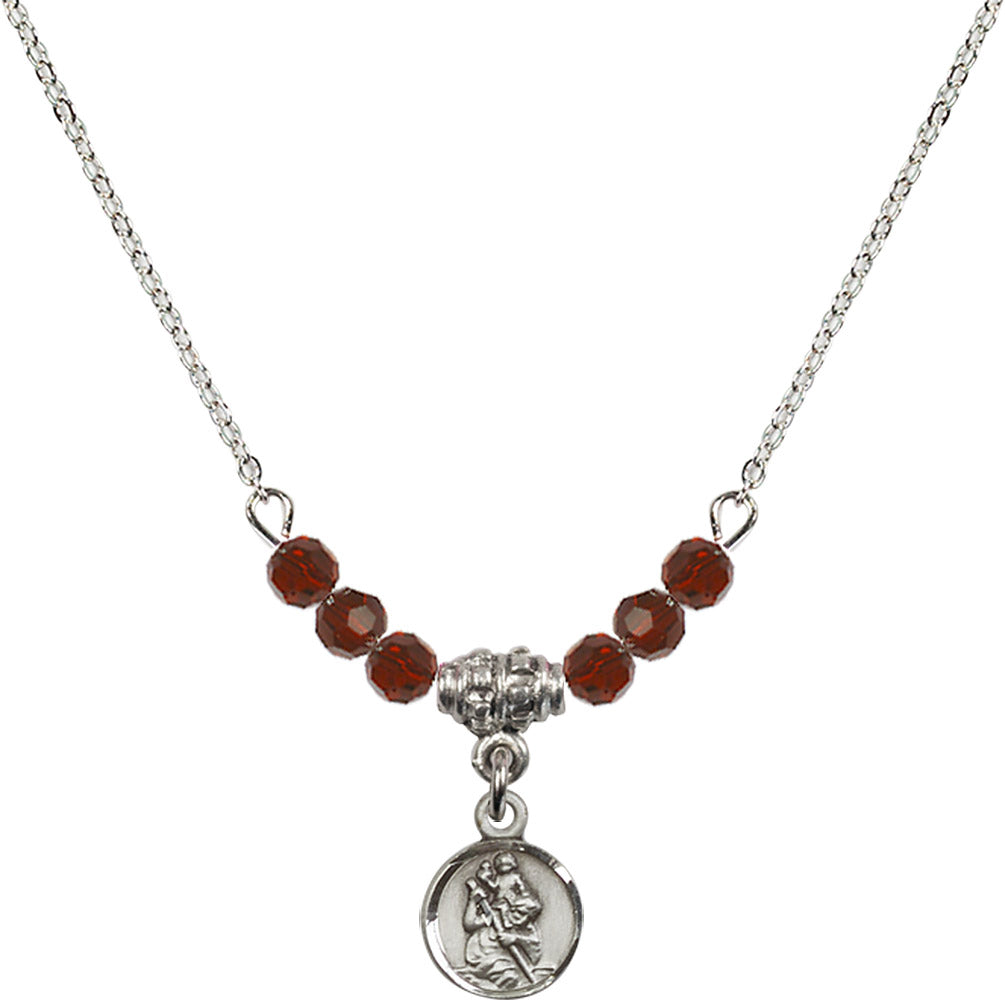 Sterling Silver Saint Christopher Birthstone Necklace with Garnet Beads - 2343